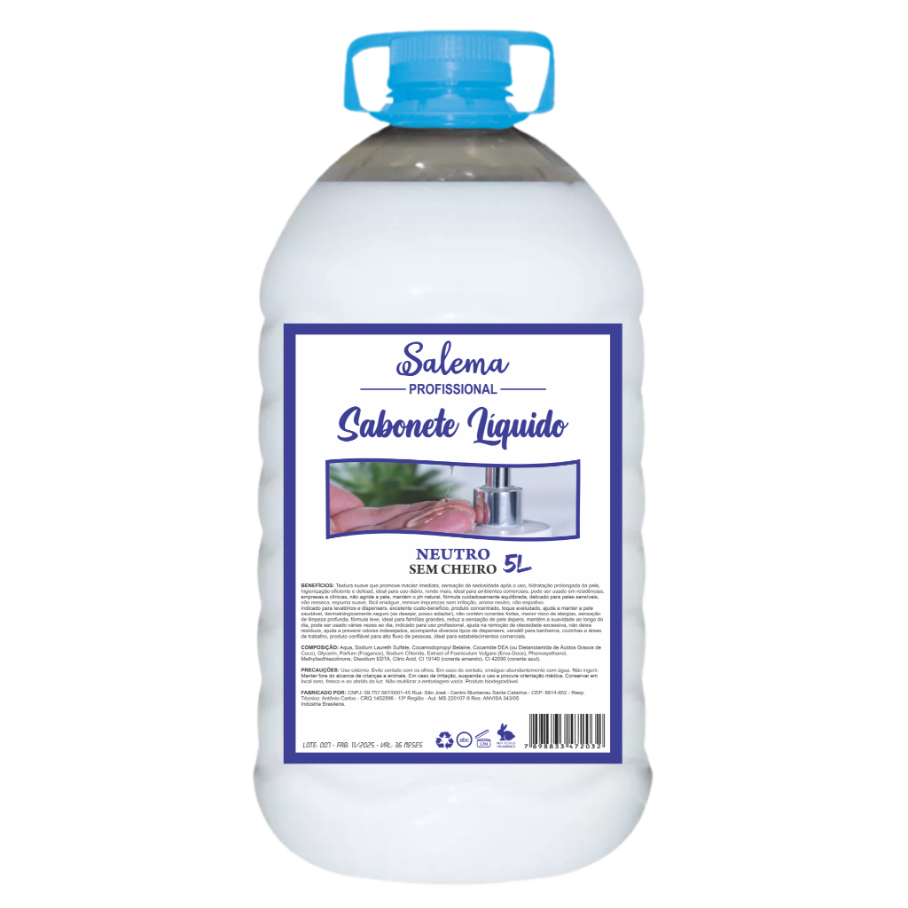 Sabonete Líquido Neutro Sem Cheiro 5 Litros Hidratante linha Para Cuidados Mãos Pês Linha Profissional
