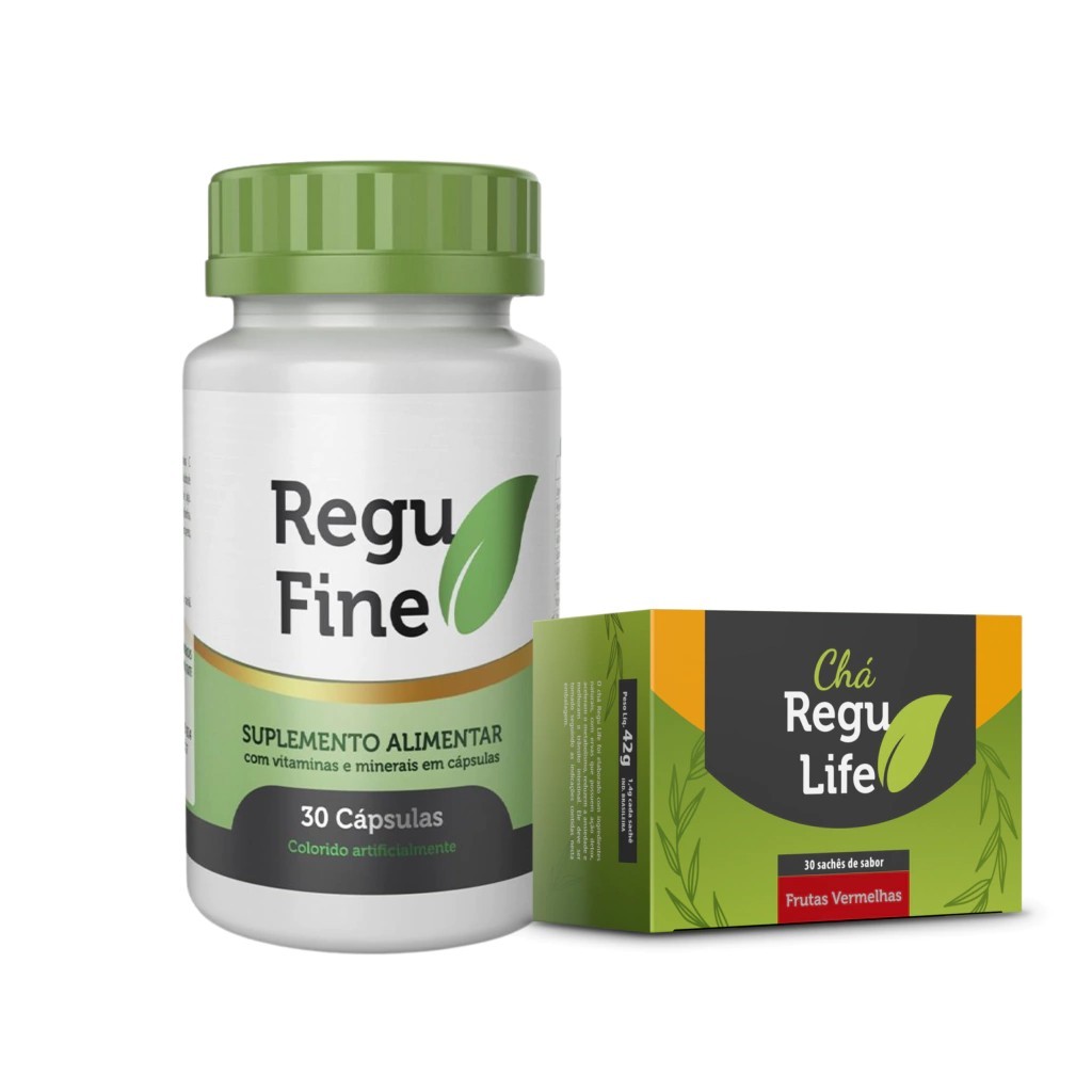 COMBO Regu Fine Original 30 cápsulas - Nova Tampa Verde Oliva e Chá Regu Life 30 Sachês Sabor Frutas Vermelhas