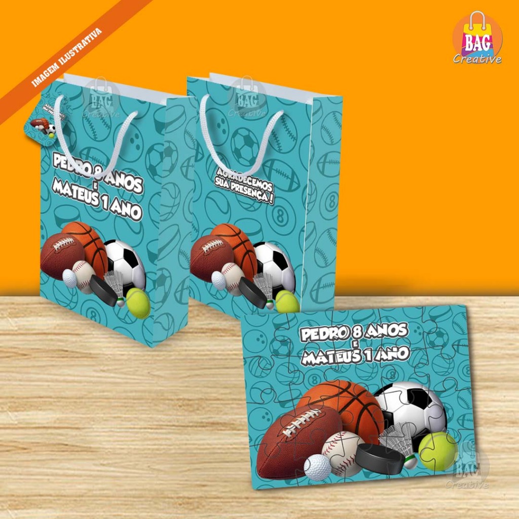 Sacolinha com Quebra cabeça Personalizado Bolas Esportivas Lembrancinha Festa Aniversário Infantil