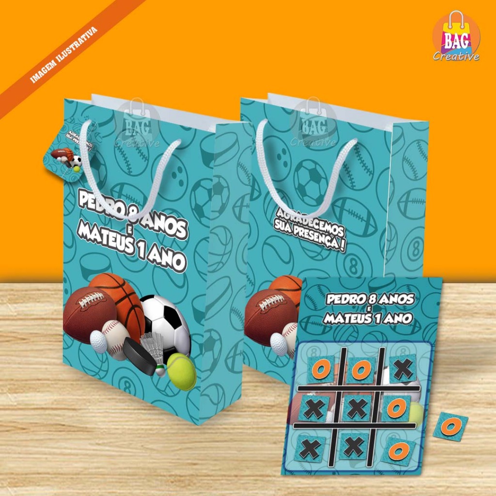 Sacolinha com Jogo da Velha Personalizado Bolas Esportivas Lembrancinha Festa Aniversário Infantil