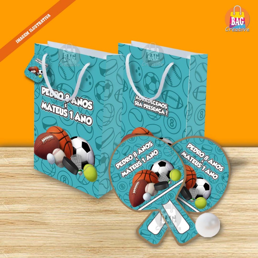 Sacolinha com Raquete Personalizada Bolas Esportivas Lembrancinha Festa Aniversário Infantil