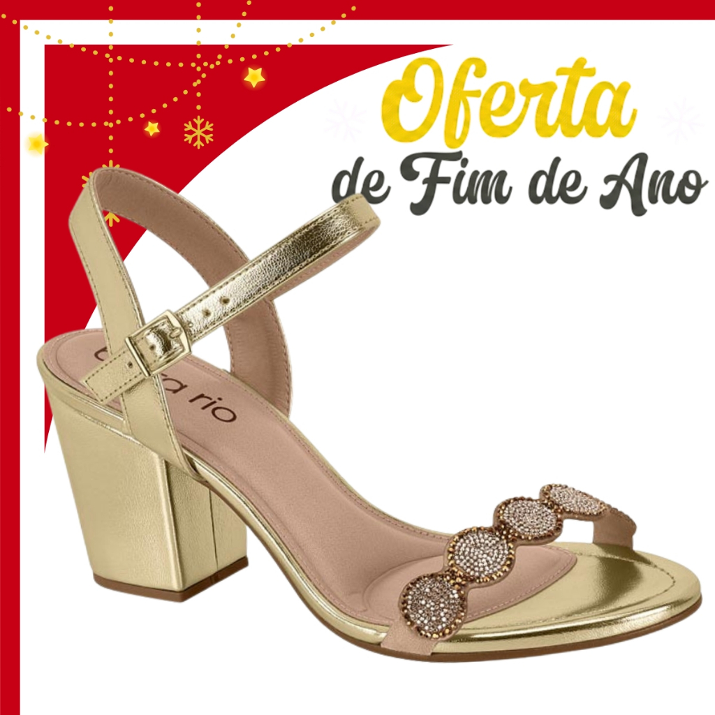Sandália Feminina Metalizada Beira Rio Dourada Salto Bloco Fivela Confortável Tira Com Pedraria