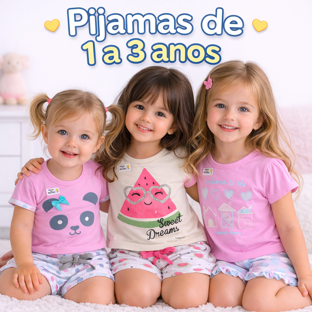 Pijama Infantil Menina Conjunto Curto em Malha Premium Algodão 1 a 3 - Dadomile
