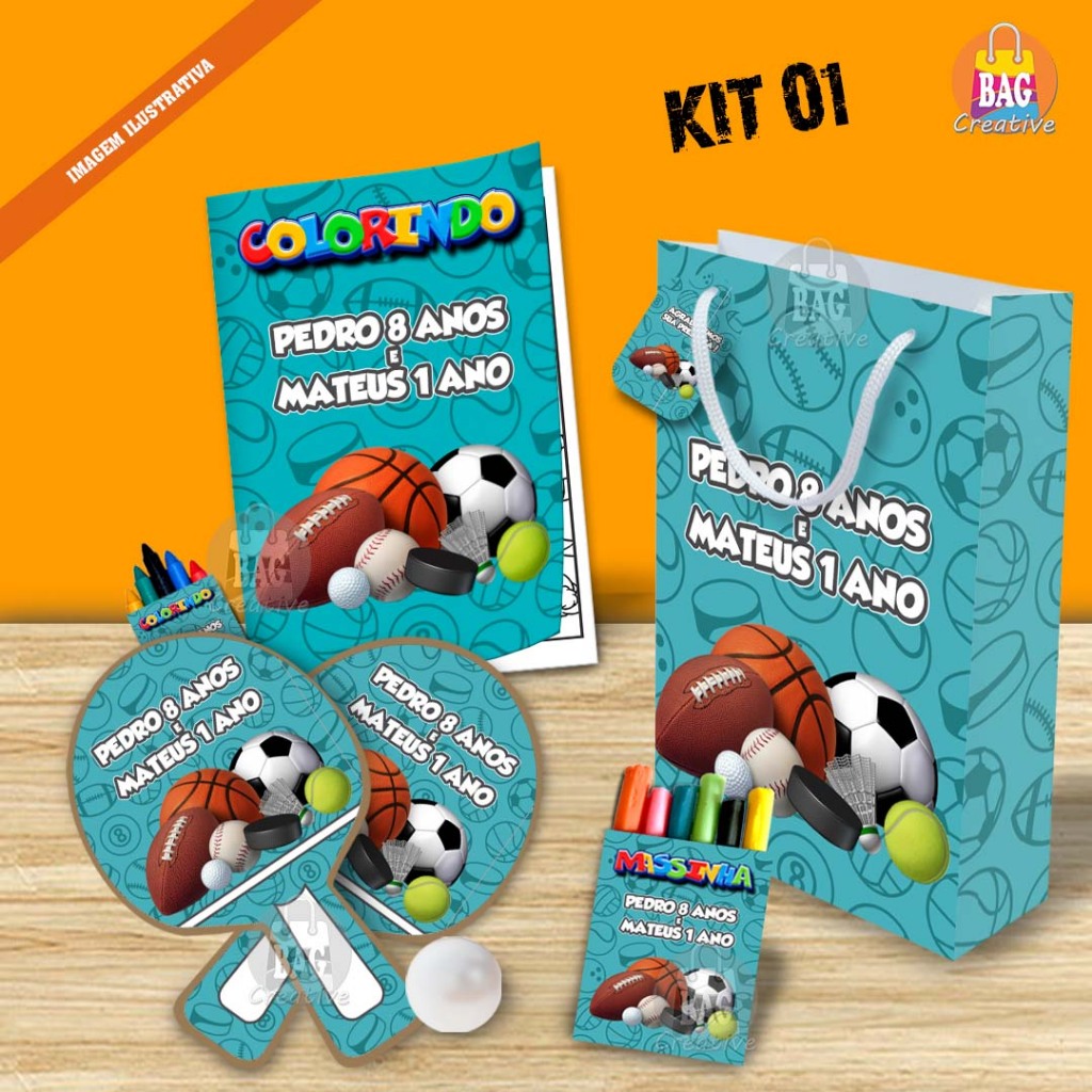 Lembrancinha de Aniversário Personalizado Sacolinha, Raquete, Livrinho, Massinha Bolas Esportivas