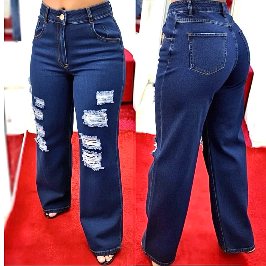 Calça WideLeg Jeans Feminina Pantalona Larguinha Modela Bumbum Cintura Alta Wid Leg Jeans BoyFriend