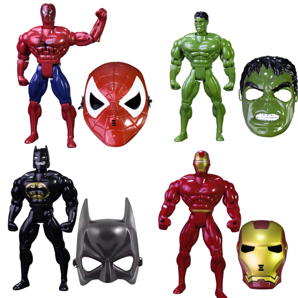 Kit 4 Boneco Herói 30cm Brinquedo + 4 Máscara Confortável Personagem Ação Articulável Menino