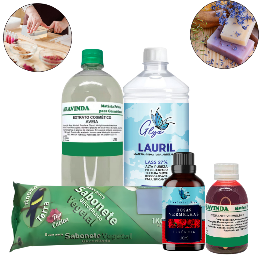 Kit Completo Sabonete Artesanal Base Glicerina, Lauril e Essência Hidrossolúvel