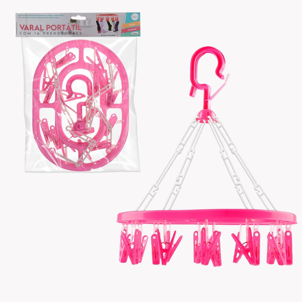 Varal Portátil 16 Prendedores - Plástico Reforçado Para Meias E Roupas Íntimas - Azul Rosa Verde em Oferta na Shopee