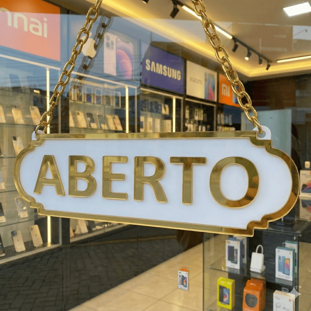 PLACA ABERTO E FECHADO EM ACRLICO ESPELHADO COM VENTOSA (ACOMPANHA VENTOSA)