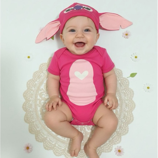 Body Temático Angel Stitch Rosa mesversario + Touca