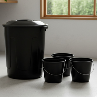 KIT Lavanderia 3 Baldes + Cesto de Roupas Lixo 60 L Plastico Resistente  Preto Organizador Limpeza em Oferta na Shopee