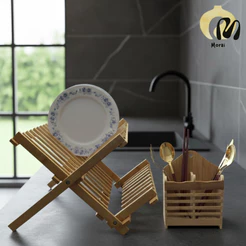 kit Porta Talher Bambu Moderno e Escorredor de Pratos de Bambu com 11 e 14 Divisórias