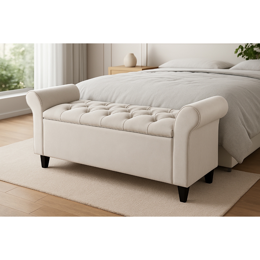Recamier Baú Estofado Braços Capitonê para Pé de Cama Quarto Casal Lara 1,30m Estilo Clássico