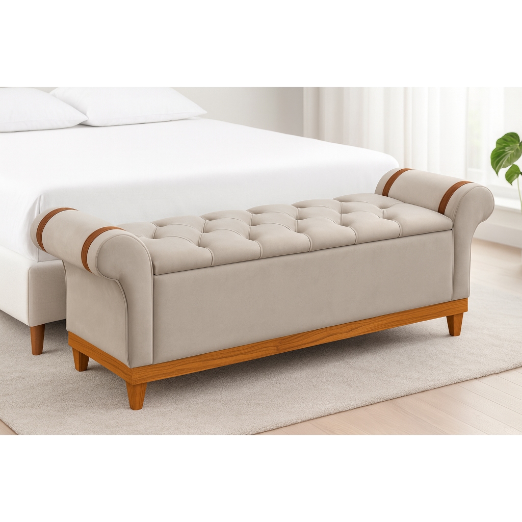 Recamier Baú Estofado com Braços Capitonê Atenas 1,50m Base de Madeira para Pé de Cama Quarto Casal