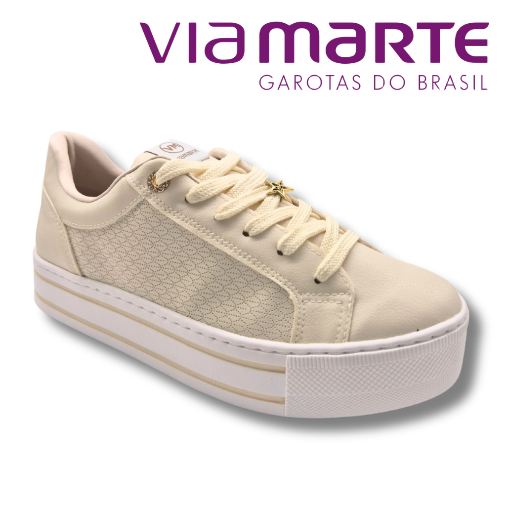Tênis Feminino Via Marte Amarrar Plataforma Original Fashion Estrela Sola Alta Confortável Marfim
