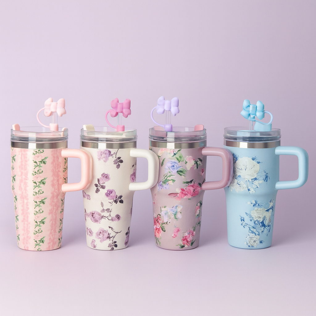 Copo Garrafa Térmico Inox Portátil 600ML 1200ML Com Canudo Alça Desenho de flores para Crianças