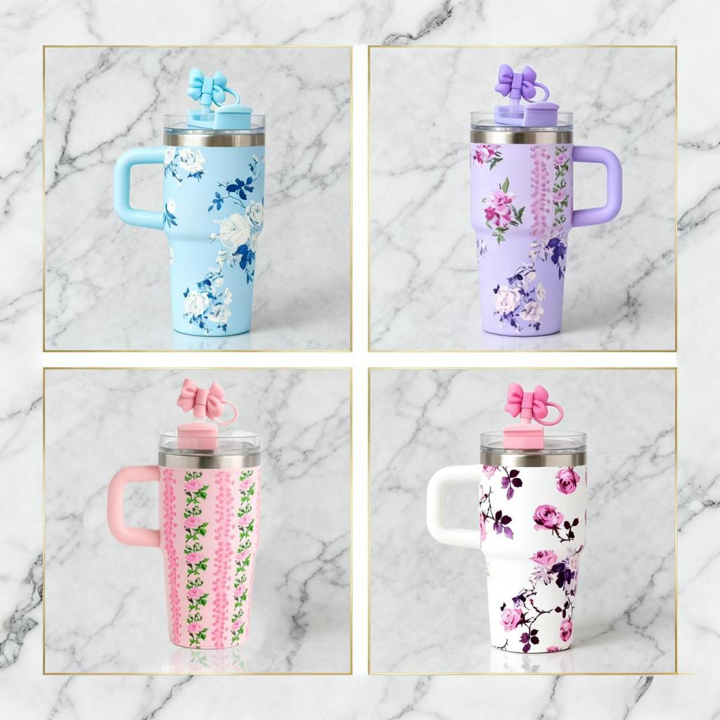 Copo Garrafa Térmico Inox Portátil 600ML Com Canudo Alça Desenho de flores para Crianças