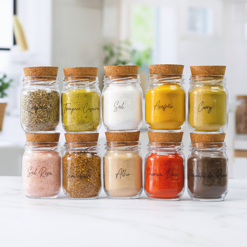 Kit 10 Potes de Tempero Vidro 200ml + Cartela de Temperos com 28 Adesivos Opcional | ESCOLHA SEU KIT
