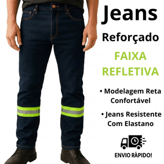 Calça Uniforme Jeans com Faixa Refletiva para Trabalho - EPI Segurança Operacional em Oferta na Shopee