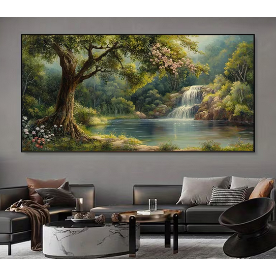 Quadro decorativo moderno elegante grande 1 peça 100x80 paisagem floresta cachoeira lago flores decoração de parede mdf