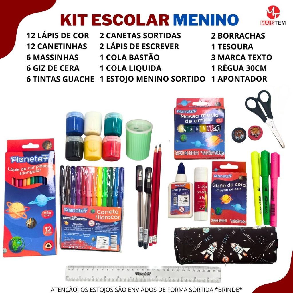 Material Escolar Completo Caneta Lápis de Cor Borracha Lápis Tesoura Recadinho Marca Texto Escolar