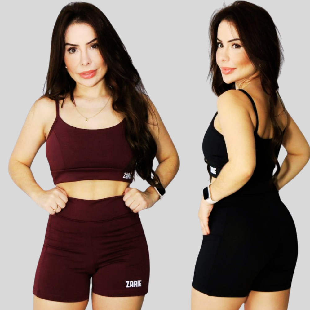 Conjunto Fitness Feminino Top Alça Duplo e Short com Bolso  Blackout Cós Alto Liso Básico Academia em Oferta na Shopee