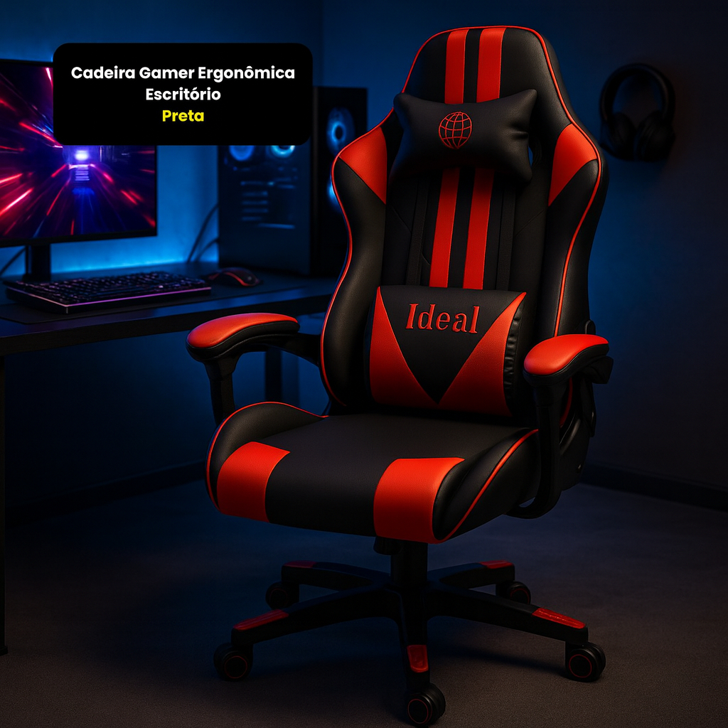 Cadeira Gamer TRMÁX Ergonômica Reclinável Preta com Ajuste de Altura para Escritório e Home Office
