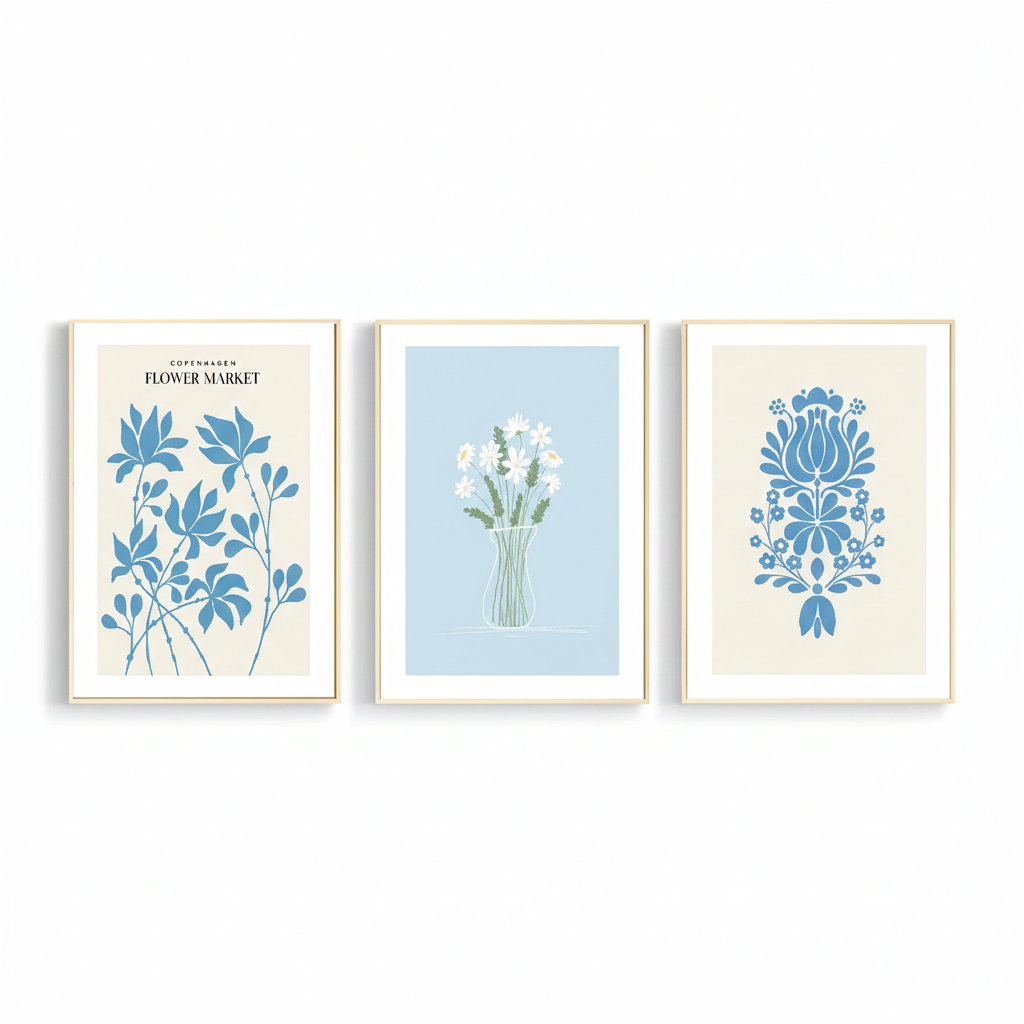 Quadros decorativos Flor azul mercado folha linha minimalismo arte (3 peças)
