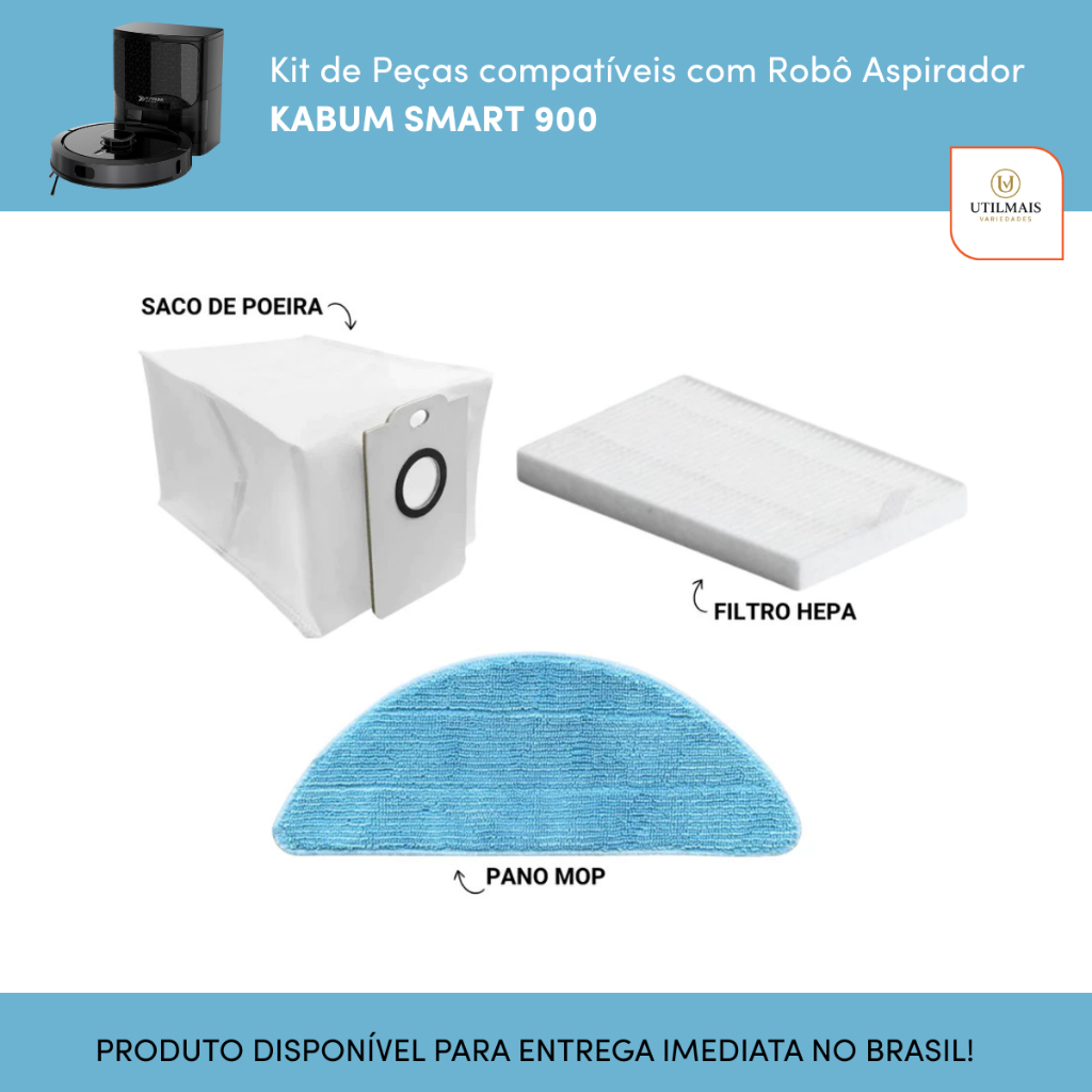 Kit de Peças Refil Robô Aspirador Kabum Smart 900, 1 Saco de Poeira + 1 Pano MOP + 1 Filtro HEPA