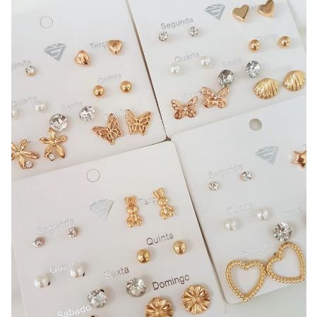 Cartela 7 pares de Brincos Semaninha Bijuteria Femininos Acessórios Para Presente Mulher