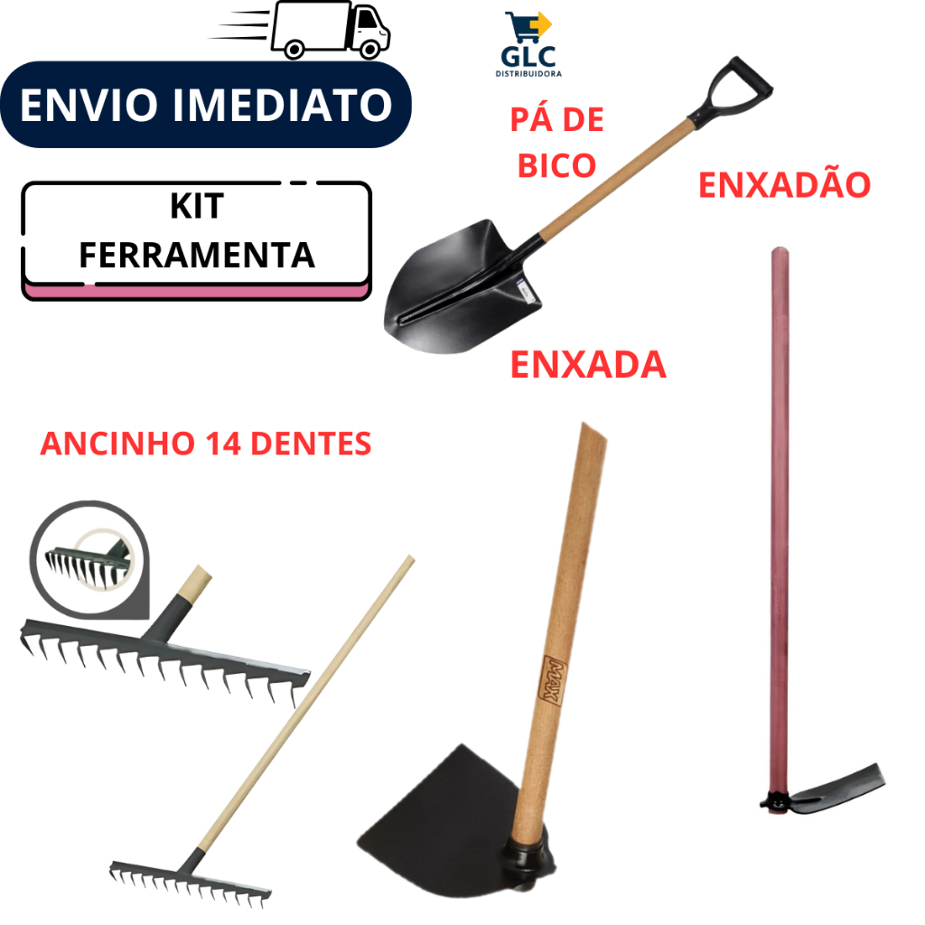 Pá de Bico+Enxada+Enxadão+02 Ancinhos- kit Ferramenta