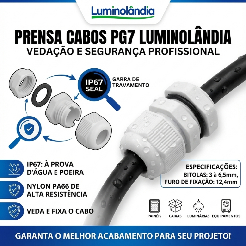 Kit 10 Conector Conexão Prensa Cabos PG7 M12 Nylon IP67 Vedado Caixa de Passagem Painéis Elétricos — imagem 2 de 2