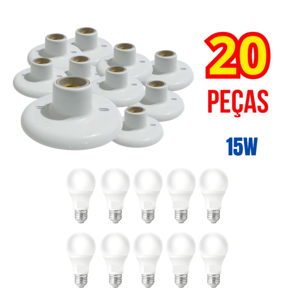 Kit 10 Peças Plafon Plástico E-27 Branco com bocal de louça +10 Peças Lâmpada led econômica 15w 6500k Branco Frio