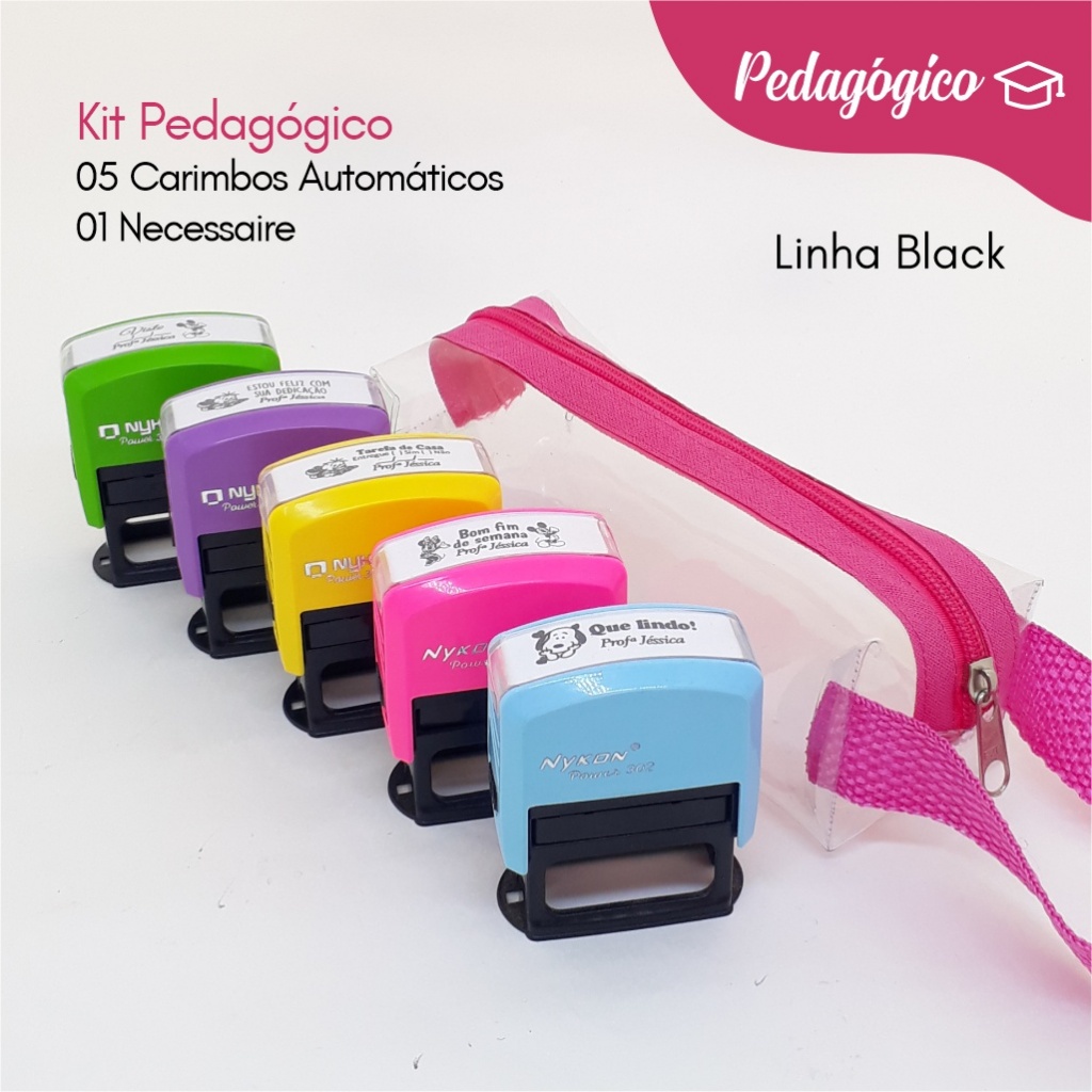 Kit 5 Carimbos Pedagógicos Automáticos Personalizados + Necessaire  Professor Educação Escola Infantil