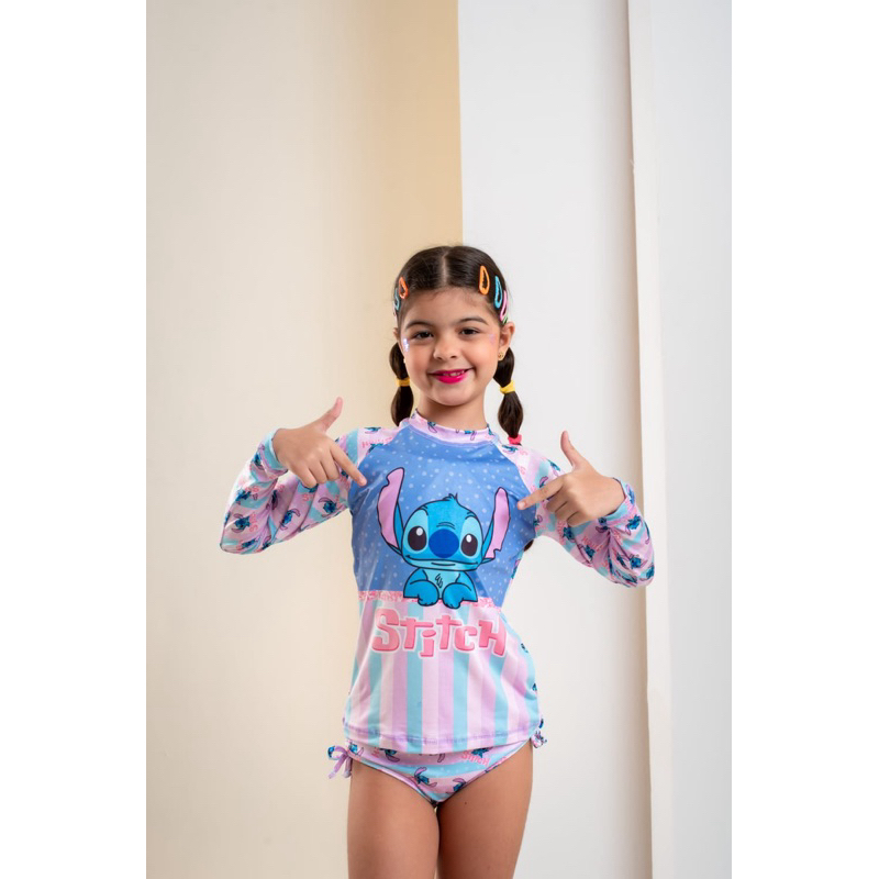 Conjunto de biquíni juvenil infantil e camiseta proteção uv acompanham 3 peças Stitch