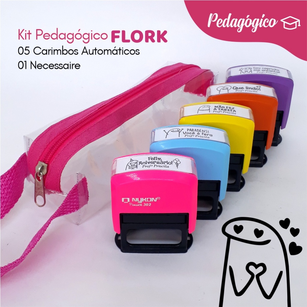 Kit 5 Carimbos Pedagógicos Flork + Necessaire Pedagógico Professor Professora Infantil Personalizado em Oferta na Shopee