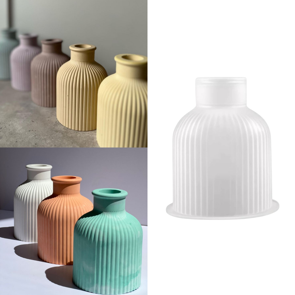 Molde de Silicone Vaso Redondo Canelado para Cimento Resina Gesso Forma Vaso Listrado Decorativo