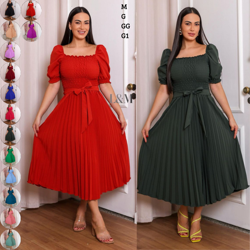 Vestido Plissado Liso Feminino Manga Bufante Curto Com Elástex Plus Size M-G-GG-G1 em Oferta na Shopee