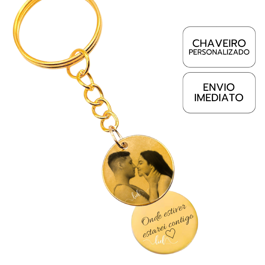 Chaveiro Medalha Personalizado Banhado A Prata Ouro 18K Dourado Com Foto Realista Desenho Frase Nome Presente Casal