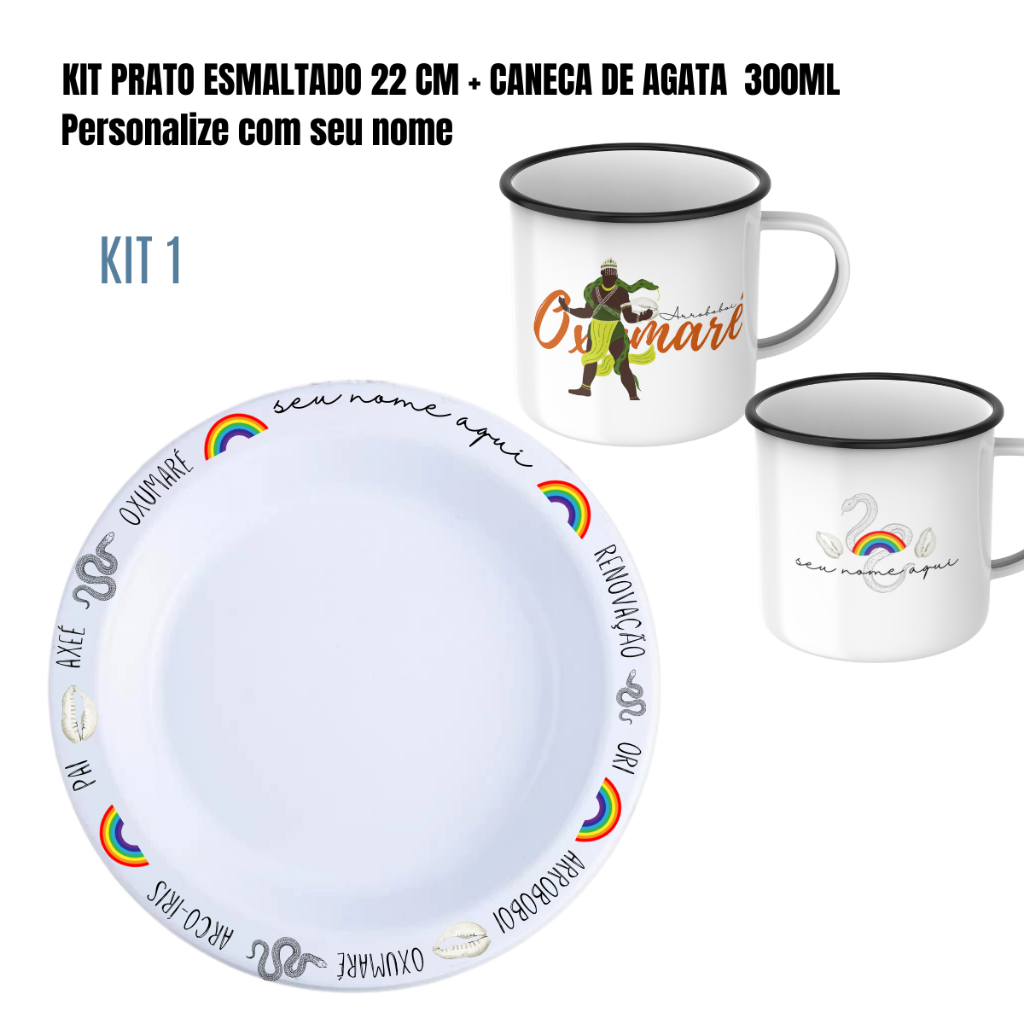 🪶 KIT CANECA DE ÁGATA + PRATO PERSONALIZADO DE OXUMARÉ | UMBANDA • CANDOMBLÉ • RELIGIÃO AFRO-BRASILEIRA
