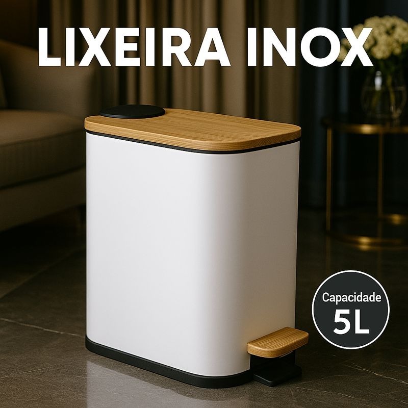 Lixeira Inox 5l Retangular Bambu Preta Branca Pedal Silencioso Elegante Banheiro em Oferta na Shopee