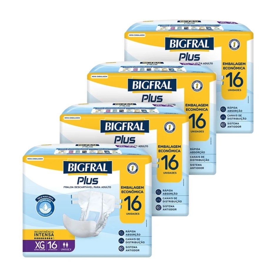 Fralda Geriátrica Bigfral Plus Regular Tamanho XG - 4 Pacotes com 16 Fraldas - Total 64 Tiras