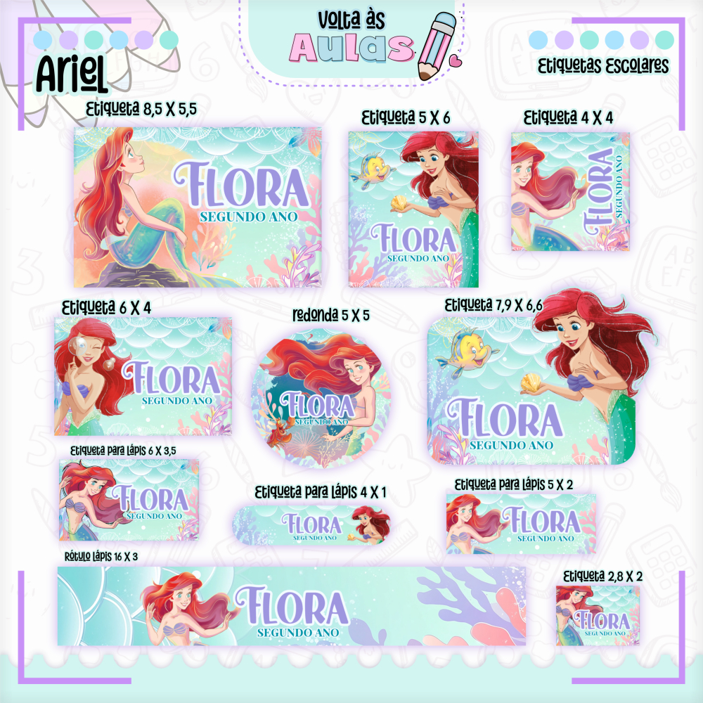 ETIQUETAS ESCOLARES PERSONALIZADAS TEMA A PEQUENA SEREIA / ARIEL em Oferta na Shopee