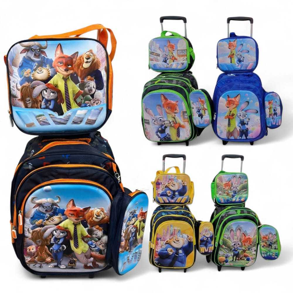 KIT MOCHILA de rodinhas inspiração ZOOTOPIA COM DESENHO RELEVO 3D+ LANCHEIRA TÉRMICA + ESTOJO em Oferta na Shopee