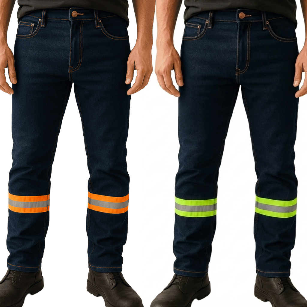 Calça Uniforme Jeans com Faixa Refletiva para Trabalho - EPI Resistente Profissional em Oferta na Shopee