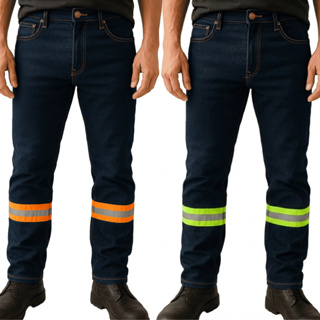 Calça Uniforme Jeans com Faixa Refletiva para Trabalho - EPI Resistente Profissional em Oferta na Shopee