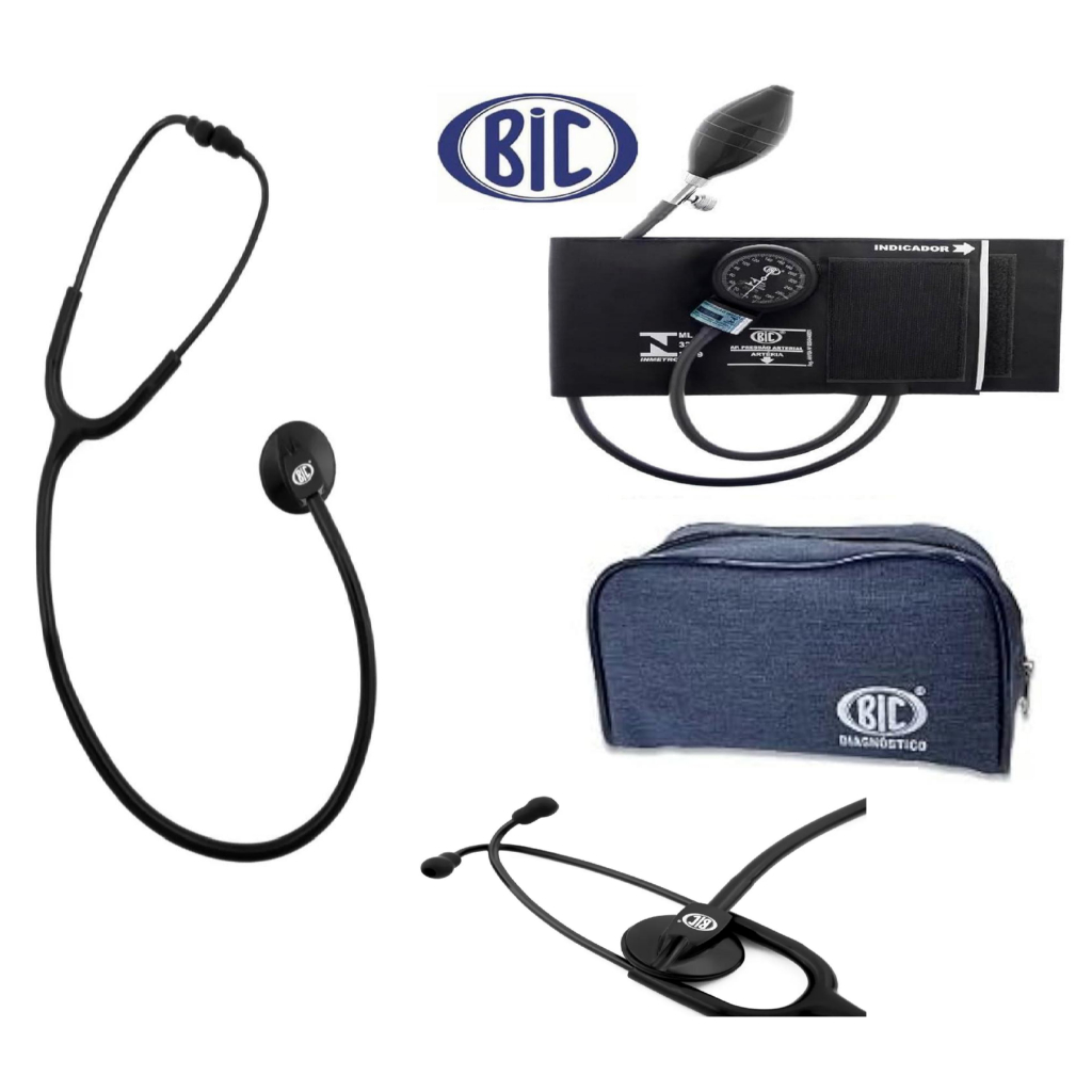 Kit Estetoscópio Cardiológico Bic Standart Black Total Profissional Original + Esfigmomanômetro Com Bolsinha BIC