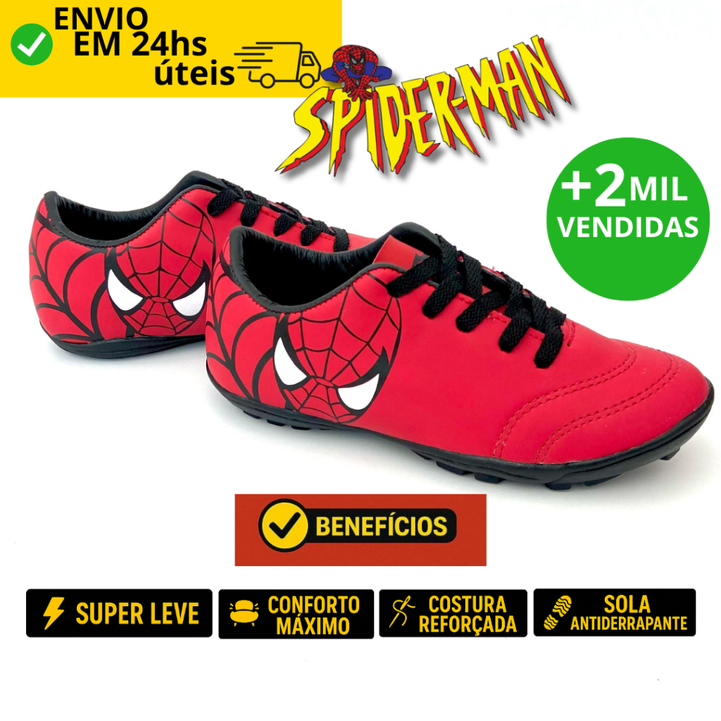Chuteira Infantil Homem Aranha Society e Futsal Confortável e Reforçada pra Criança Envio Imediato em Oferta na Shopee