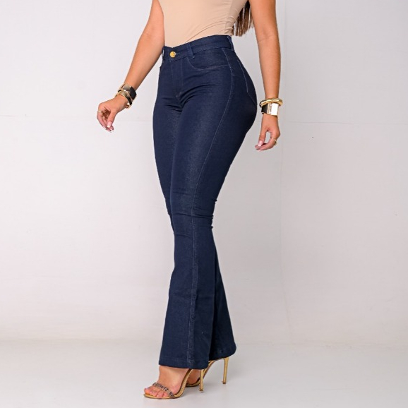 Calça Jeans Feminina Flare Cos Alto Levanta Bumbum Com Lycra Boca De Sino Jeans Escuro