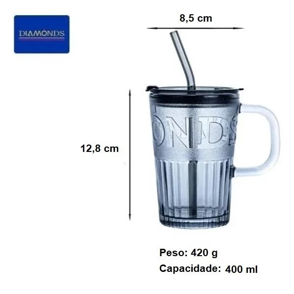 Caneca Vidro Suco Café Chá Refrigerante Água Drinks Com Tampa E Canudo 400 ml